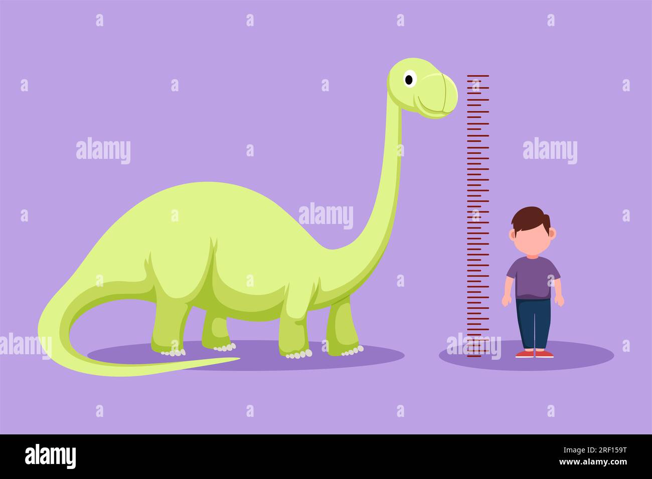 Dessin de style plat dessin adorable petit garçon mesurant sa taille avec brontosaurus graphique de hauteur sur le mur. Les enfants mesurent la croissance à l'école. Mesures pour enfants Banque D'Images