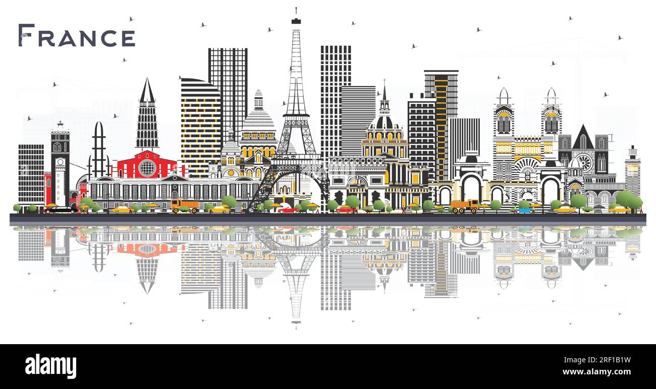 France Skyline avec bâtiments gris et reflets isolés sur blanc. Illustration vectorielle. Concept touristique avec architecture historique. Illustration de Vecteur