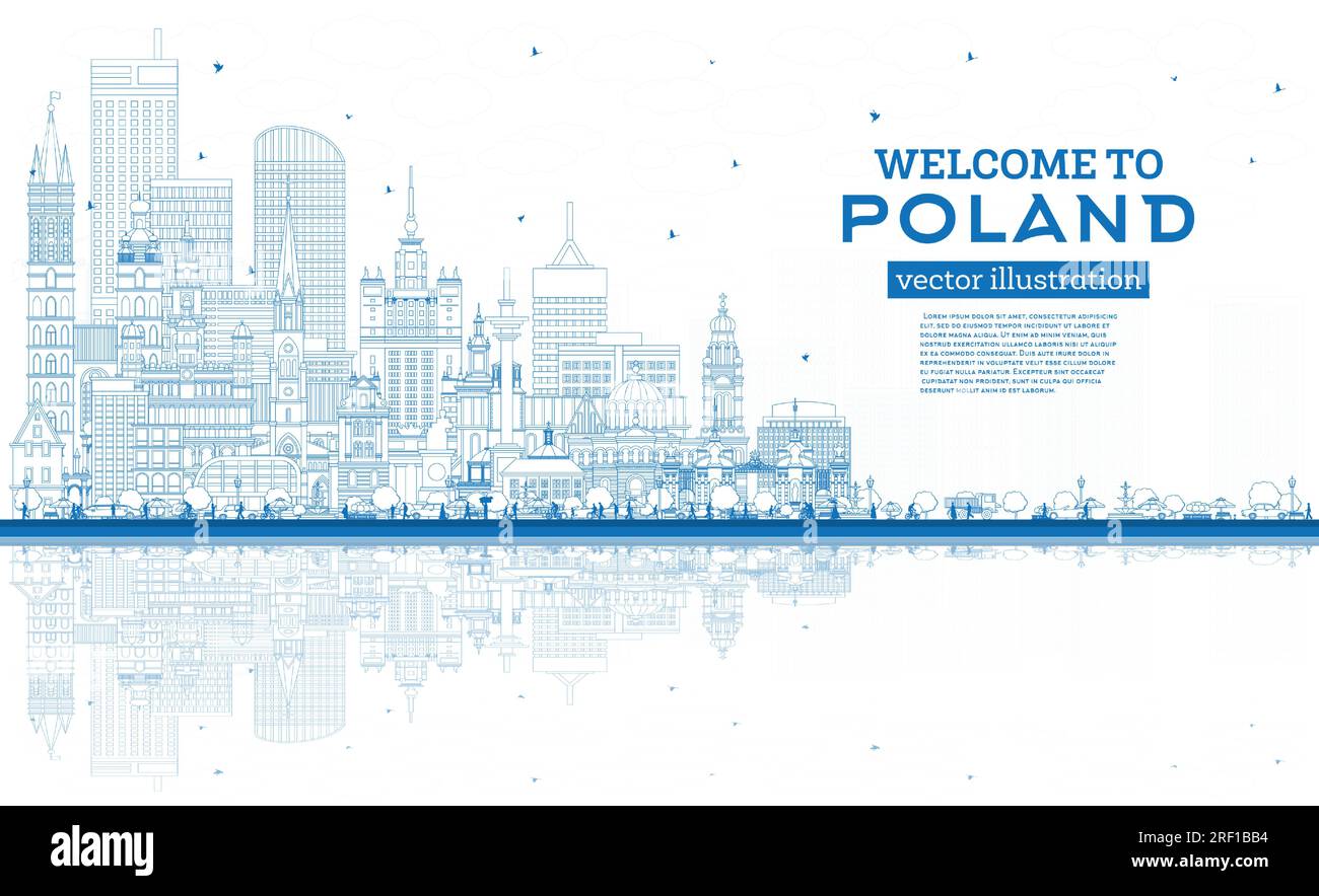 Contour Pologne City Skyline avec des bâtiments bleus et des reflets. Illustration vectorielle. Concept avec architecture moderne. Pologne CityScape avec Landmark Illustration de Vecteur
