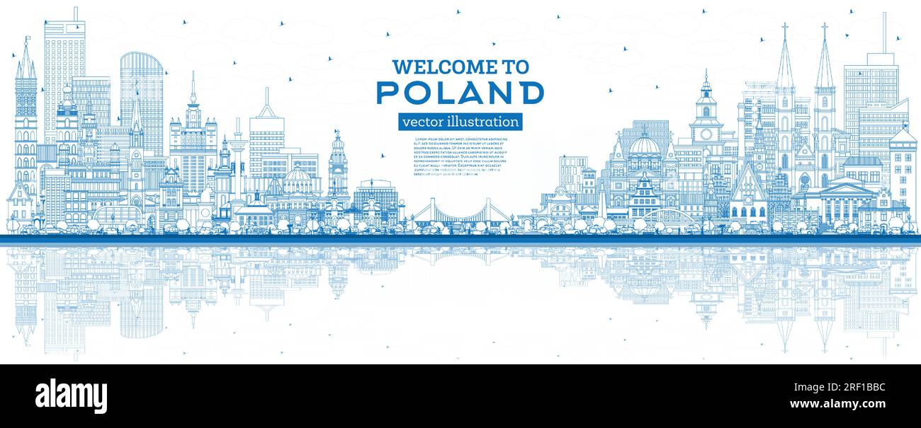 Contour Pologne City Skyline avec des bâtiments bleus et des reflets. Illustration vectorielle. Concept avec architecture moderne. Pologne CityScape avec Landmark Illustration de Vecteur