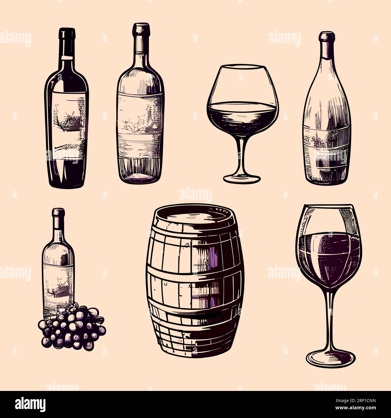 Ensemble vectoriel gratuit d'éléments de vinification (tonneau, raisins, bouteille, etc.) Illustration de Vecteur