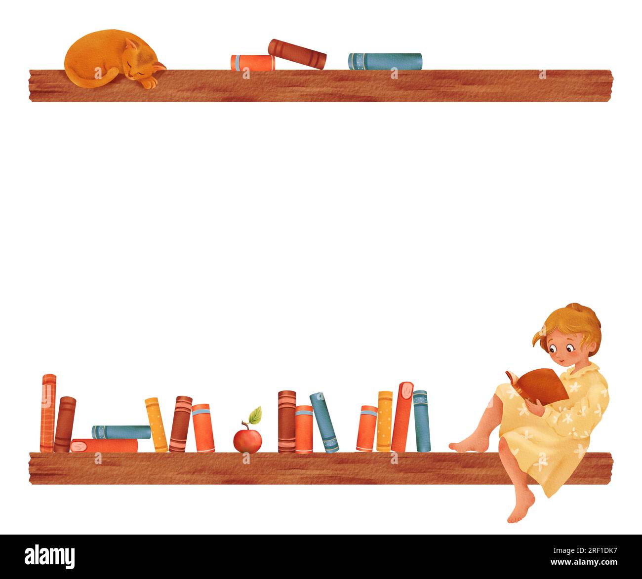 Cadre rectangulaire avec étagère. Personnages : fille lit un livre, chat dort. retour à l'école. livres de piles. Connaissance, étude. Main aquarelle Banque D'Images