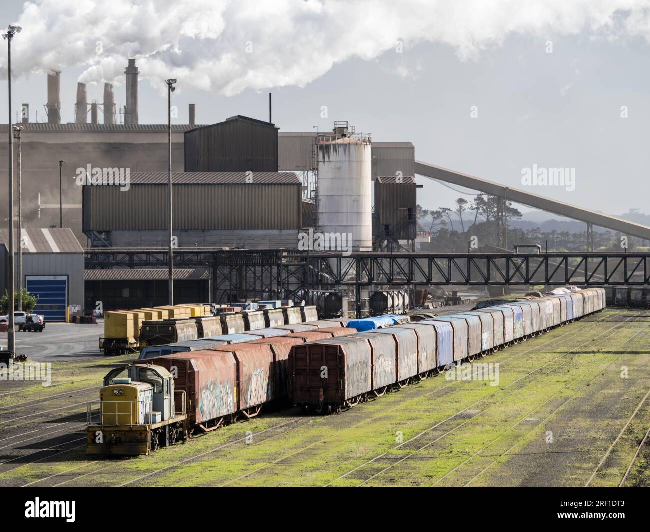 Train de marchandises avec chariots ferroviaires à l'usine Banque D'Images