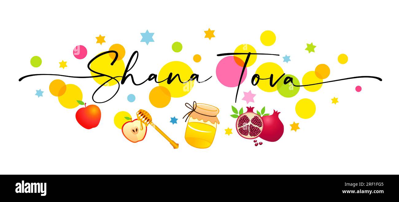 Shana Tova lettrage élégant avec cercle coloré, miel, pomme et grenade. Rosh Hashanah, fête juive bonne année. Modèle d'invitation Illustration de Vecteur