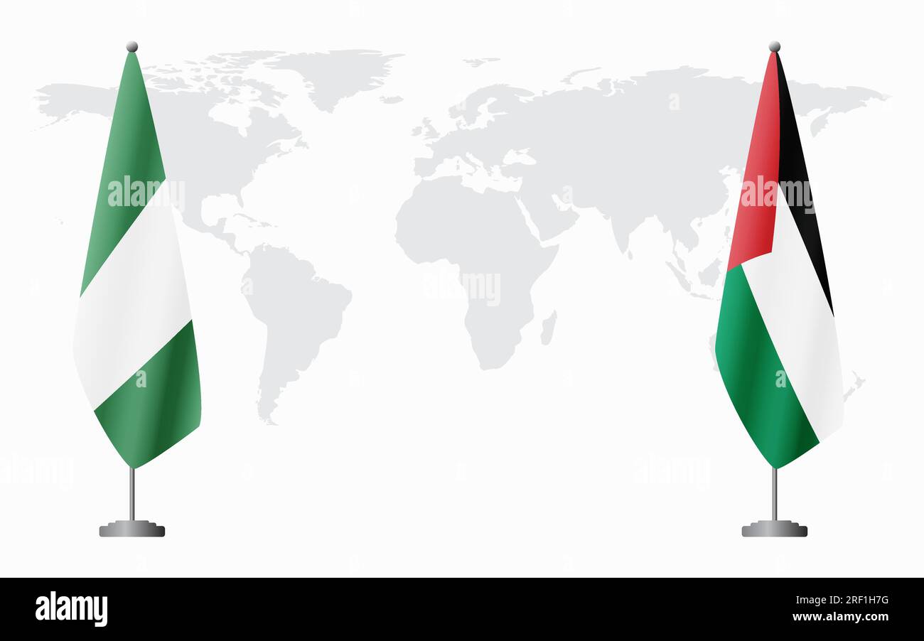 Drapeaux nigérian et palestinien pour réunion officielle sur fond de carte du monde. Illustration de Vecteur