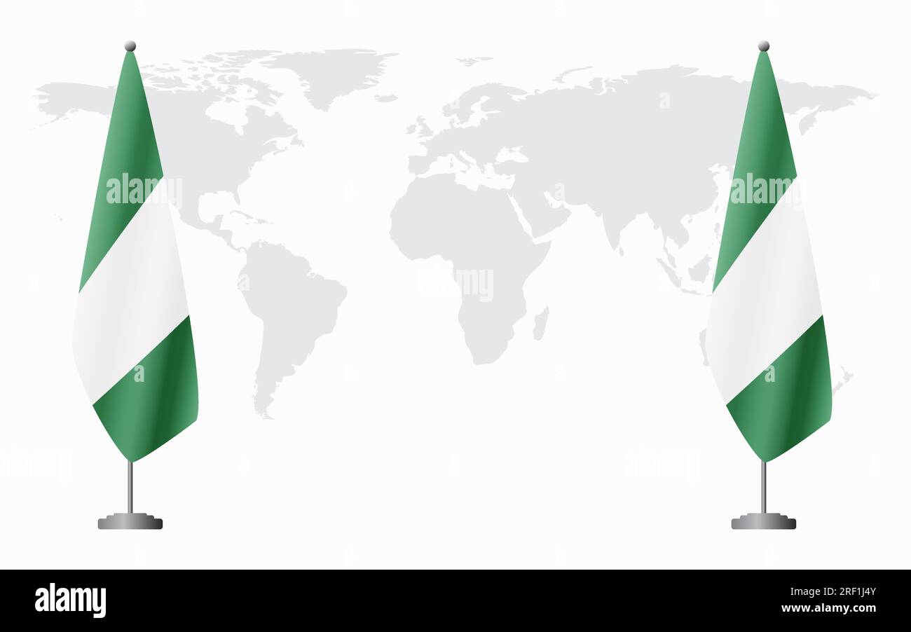 Drapeaux nigérian et nigérian pour la réunion officielle sur fond de carte du monde. Illustration de Vecteur