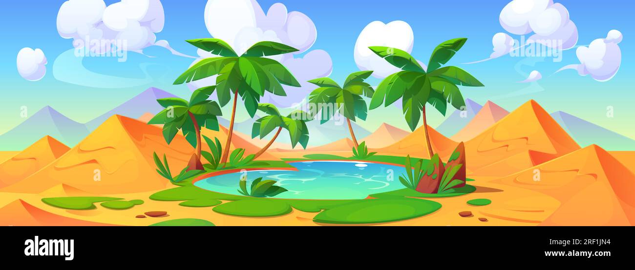 Petit lac et palmiers au milieu du désert sablonneux. Illustration de dessin animé vectoriel d'oasis naturelle avec de l'eau douce, herbe verte sur les rives, paysage tropical avec des dunes sous le ciel bleu ensoleillé et les nuages Illustration de Vecteur