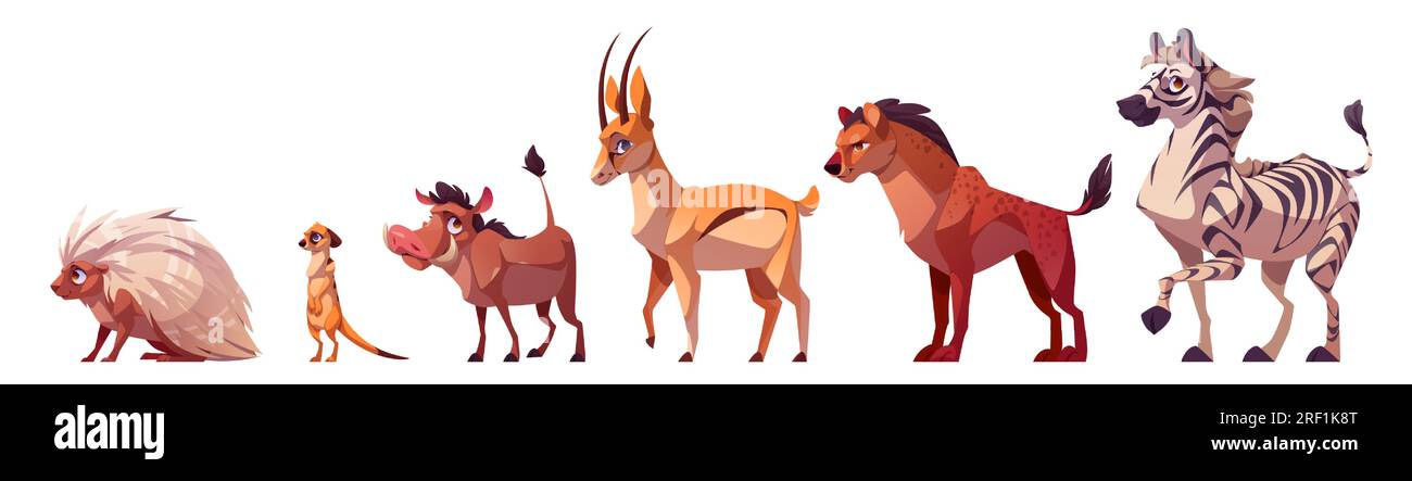 Ensemble d'animaux sauvages africains isolés sur fond blanc. Illustration de dessin animé vectoriel de zèbre, porc-épic, antilope, surikat, hyène, personnages warthog debout. Mignon zoo ou parc safari habitants Illustration de Vecteur