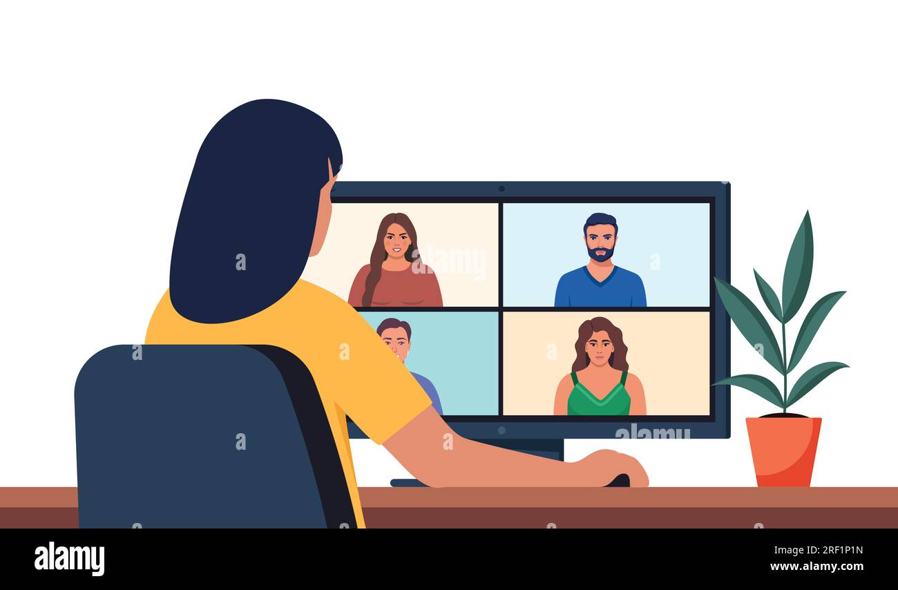 Travailleur utilisant l'ordinateur pour réunion virtuelle collective et vidéoconférence de groupe. Femme au bureau bavarder avec des amis en ligne. Illustration vectorielle Illustration de Vecteur