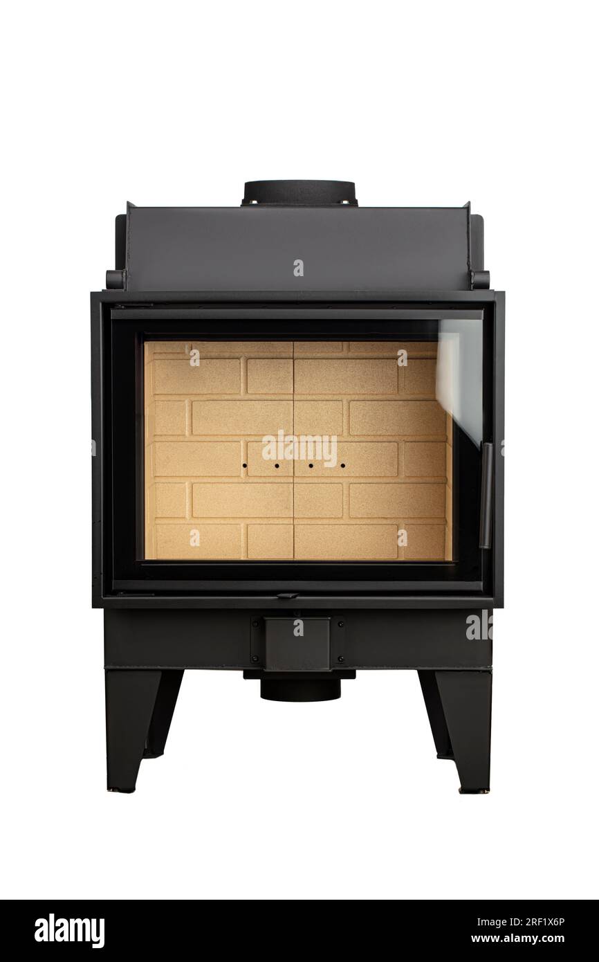 Foyers modernes pour le chauffage en métal et en verre résistant à la chaleur. Chaudière pour combustible solide isolée sur fond blanc. Banque D'Images