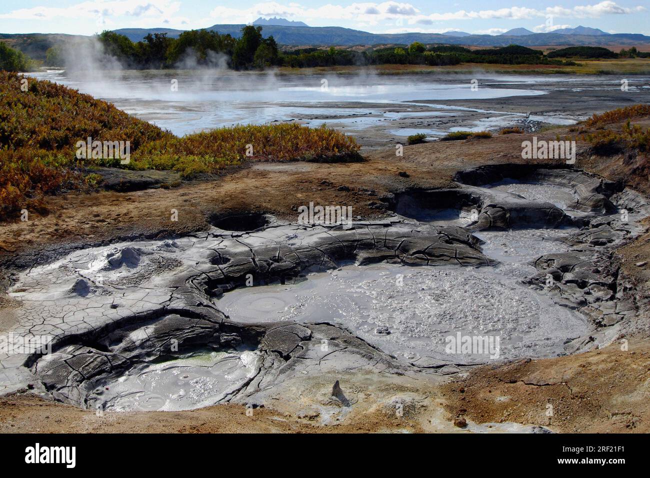 Vallée des geysers, Caldera Uzon, Réserve de biosphère de Kronotsky, péninsule du Kamchatka, cratère volcanique, Kamchatka, Russie Banque D'Images