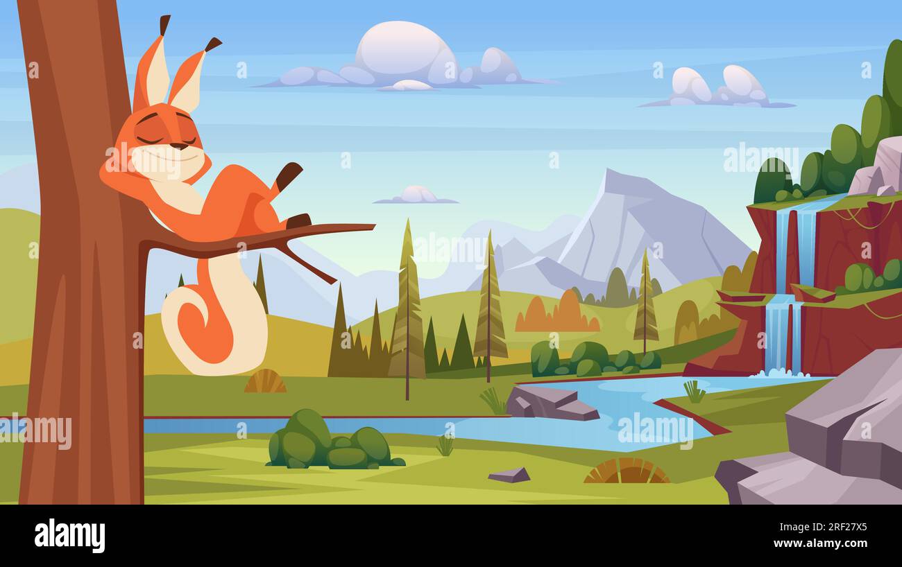Écureuil dans la forêt. Fond de dessin animé avec animal sauvage jouant dans le modèle vectoriel exact de forêt Illustration de Vecteur