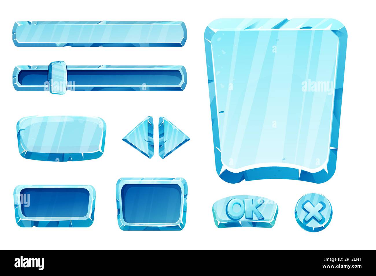 Définir les actifs de menu de jeu boutons de glace, éléments d'interface 2d dans le style de bande dessinée isolé. Blocs, formes Panneaux gui figés, curseurs, flèches. Illustration vectorielle Illustration de Vecteur