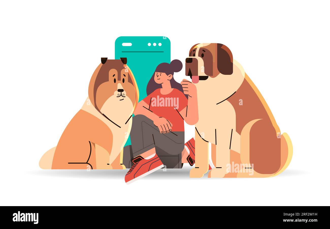 propriétaire d'animal de compagnie fille avec des chiens mignons passant du temps ensemble meilleurs amis concept d'amitié animal domestique horizontal Illustration de Vecteur