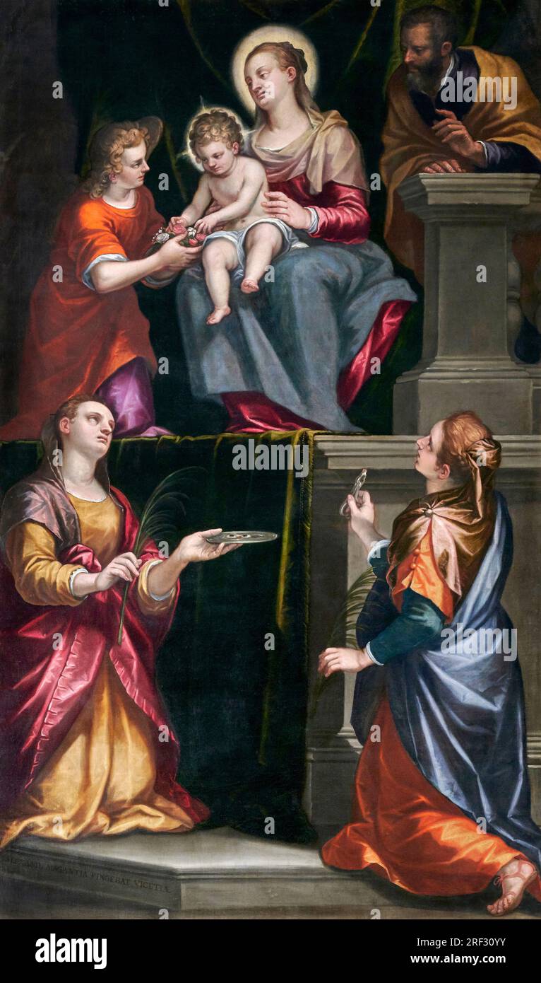 Sacra Famiglia con S. Lucia e S. Apollonia - olio su tela - Alessandro Maganza - XVII secolo - Brescia, Santuario di S. Maria delle Grazie Banque D'Images