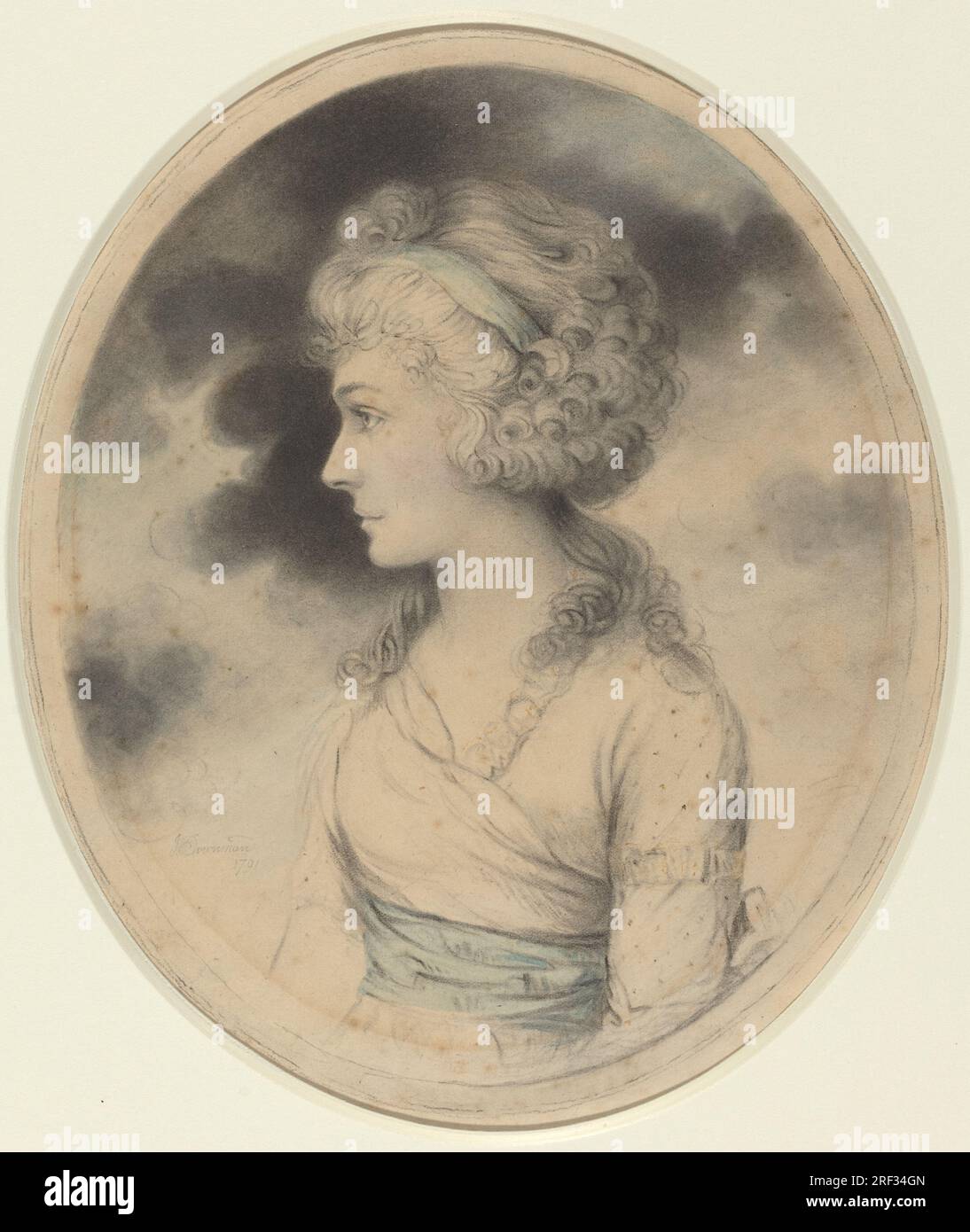 John Downman, Portrait d'une femme avec une ceinture bleue, 1791, craie noire et aquarelle, image (ovale) : 23,2 x 19,6 cm (9 1/8 x 7 11/16 po.) Feuille : 25,6 x 20,6 cm (10 1/16 x 8 1/8 po), Collection Ailsa Mellon Bruce, 1970,17,148' Banque D'Images
