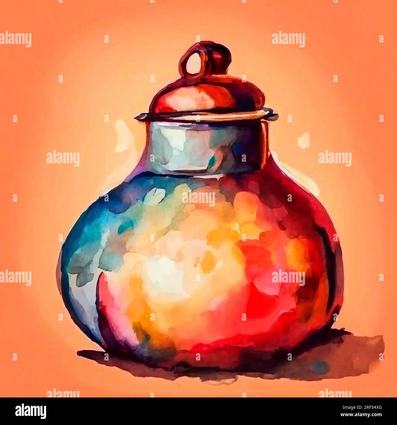 Une peinture aquarelle colorée encore-vie avec un pot sur un fond de draperies. Illustration aquarelle. Banque D'Images