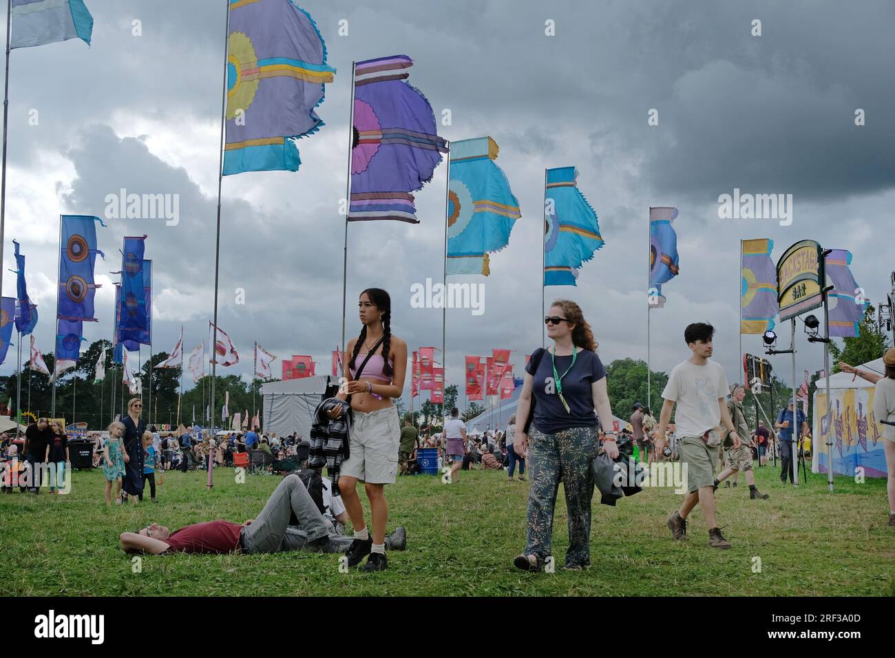 Les festivaliers devant les drapeaux womad lors d'une journée venteuse, nuageuse et nuageuse. Banque D'Images