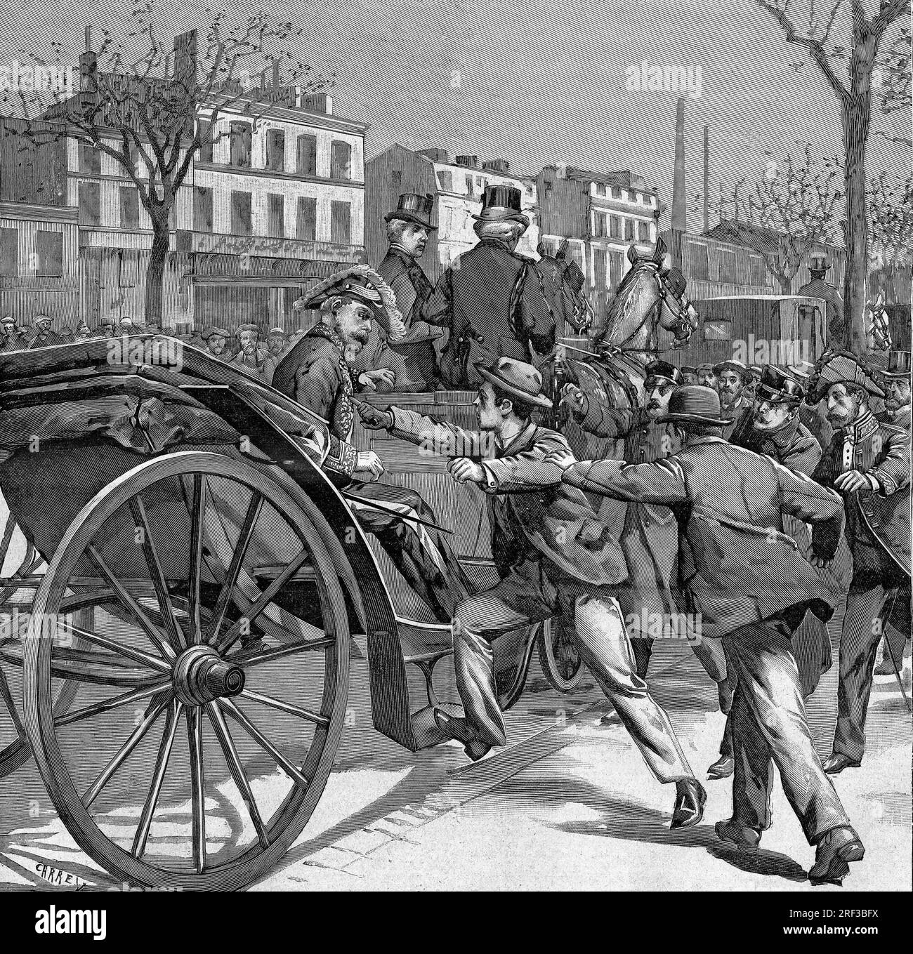 Tentative d'assassinat de l'anarchiste Joaquim Michel Artal sur le President du Conseil espagnol, Antonio Maura a Barcelone. Gravure dans 'le petit parisienn', le 24041904. Banque D'Images