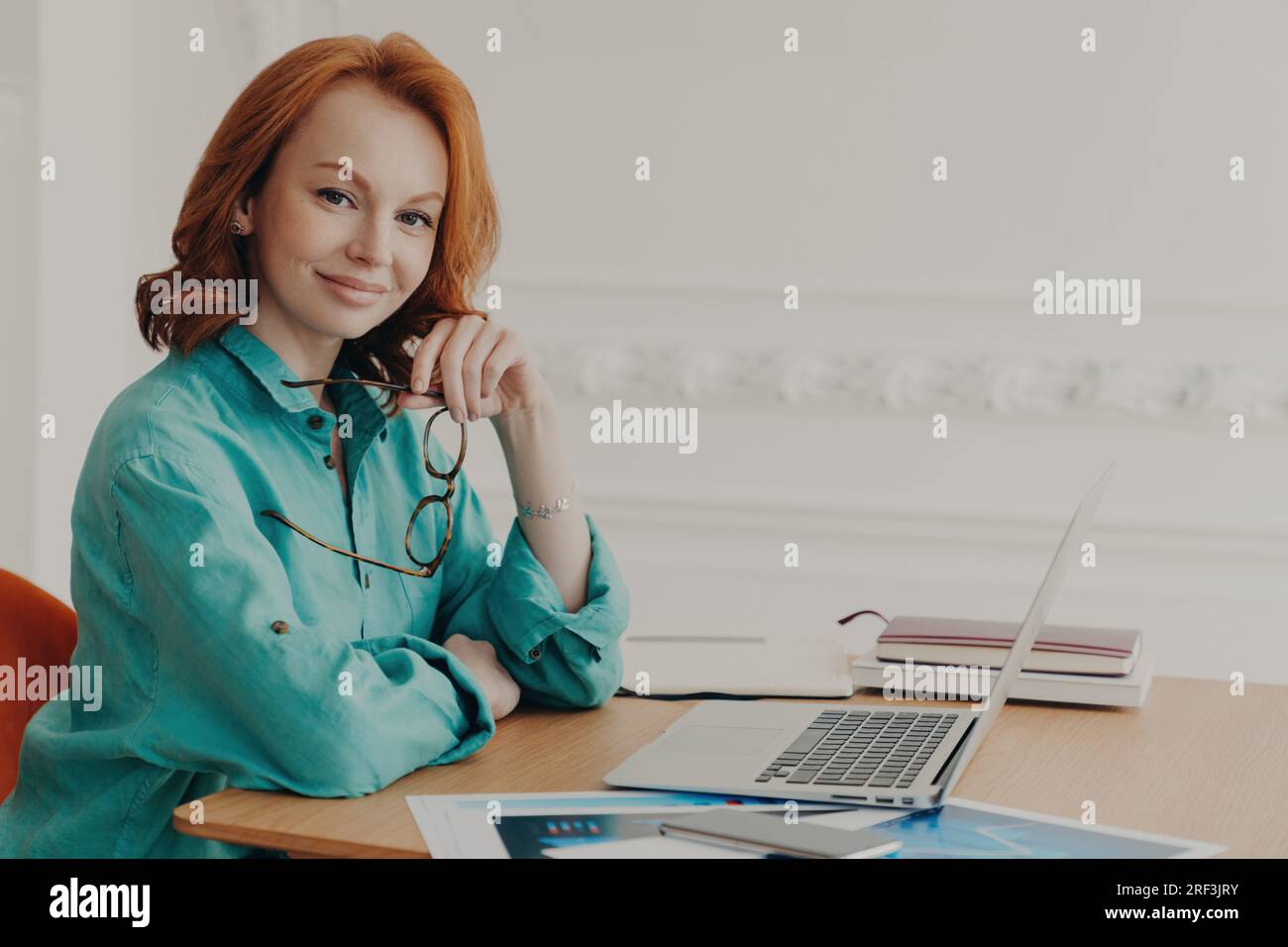 REDHEAD Woman sourit, prêt pour le brainstorming en ligne, prêt avec des documents papier à l'espace de coworking, préparé pour une conférence à domicile. Banque D'Images