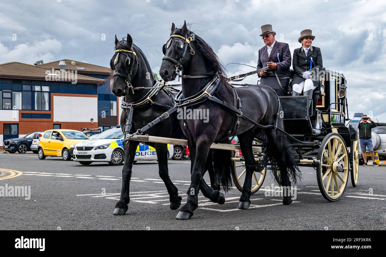 Cheval et calèche à l'ancienne pour Musselburgh Festival, East Lothian, Écosse, Royaume-Uni Banque D'Images