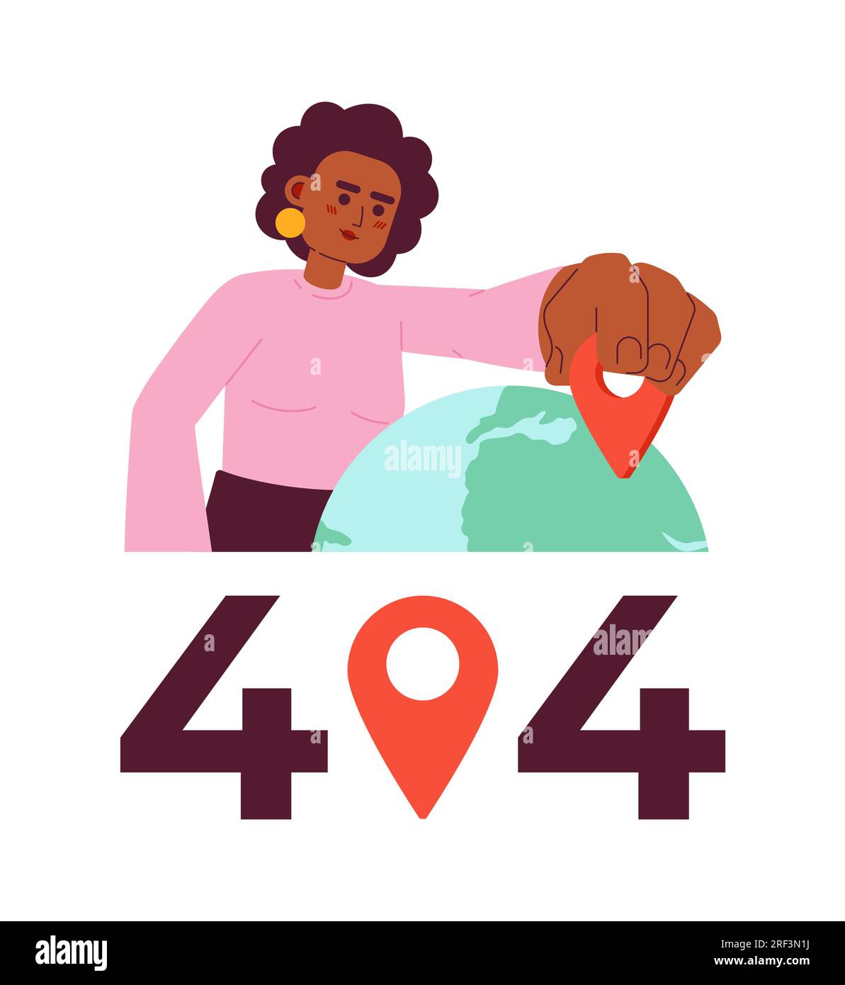 Femme sélectionnant le lieu sur le globe erreur 404 message flash. Illustration de Vecteur