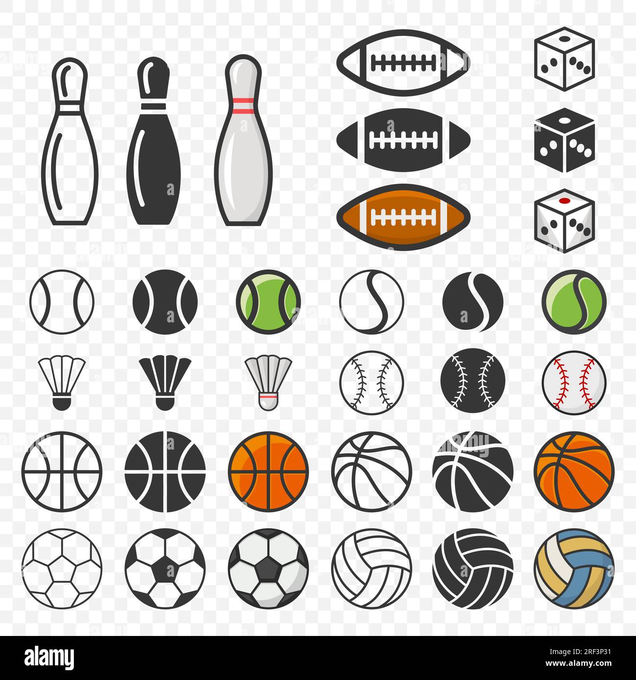 Vector Flat Sports Equipment Icon Set pour Bowling, football américain, jeux, dés, tennis, Badminton, Baseball, Basketball, football, Volleyball - Illustration de Vecteur