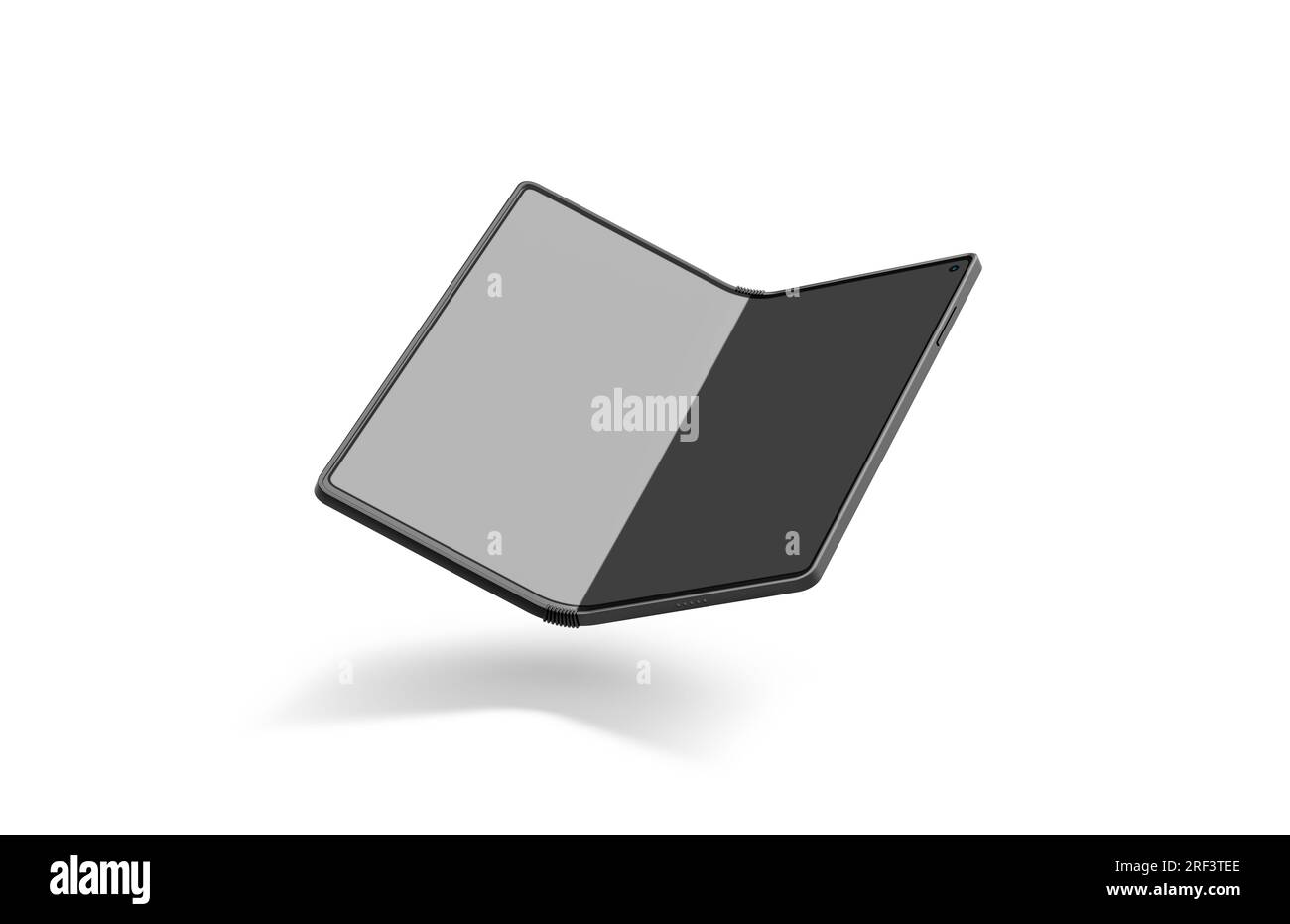 Maquette à moitié ouverte d'affichage de téléphone de livre noir blanc, isolé, rendu 3D. Maquette de smartphone à clapet repliable vide. Transparent élastique de Banque D'Images