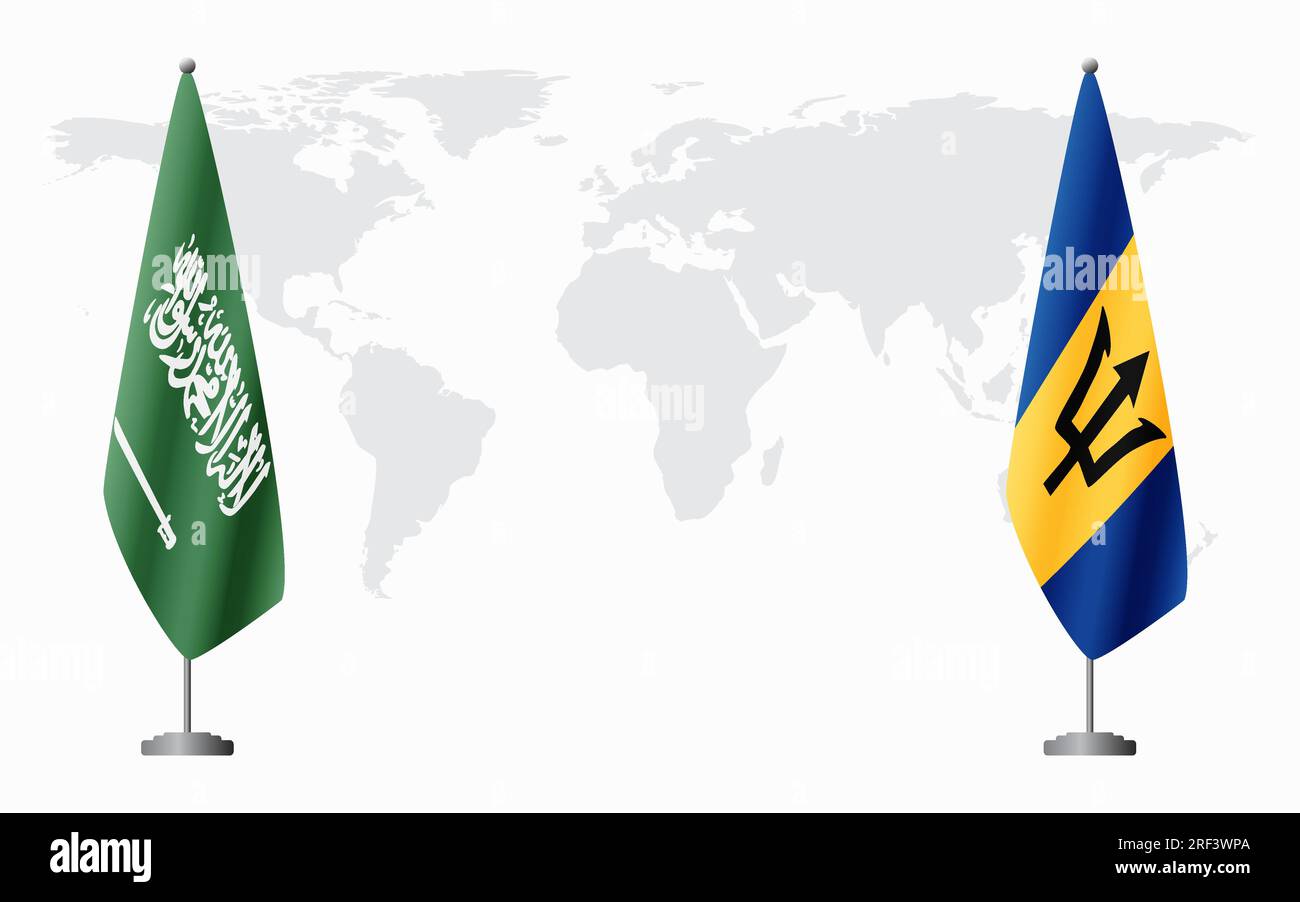 Drapeaux de l'Arabie saoudite et de la Barbade pour la réunion officielle sur fond de carte du monde. Illustration de Vecteur