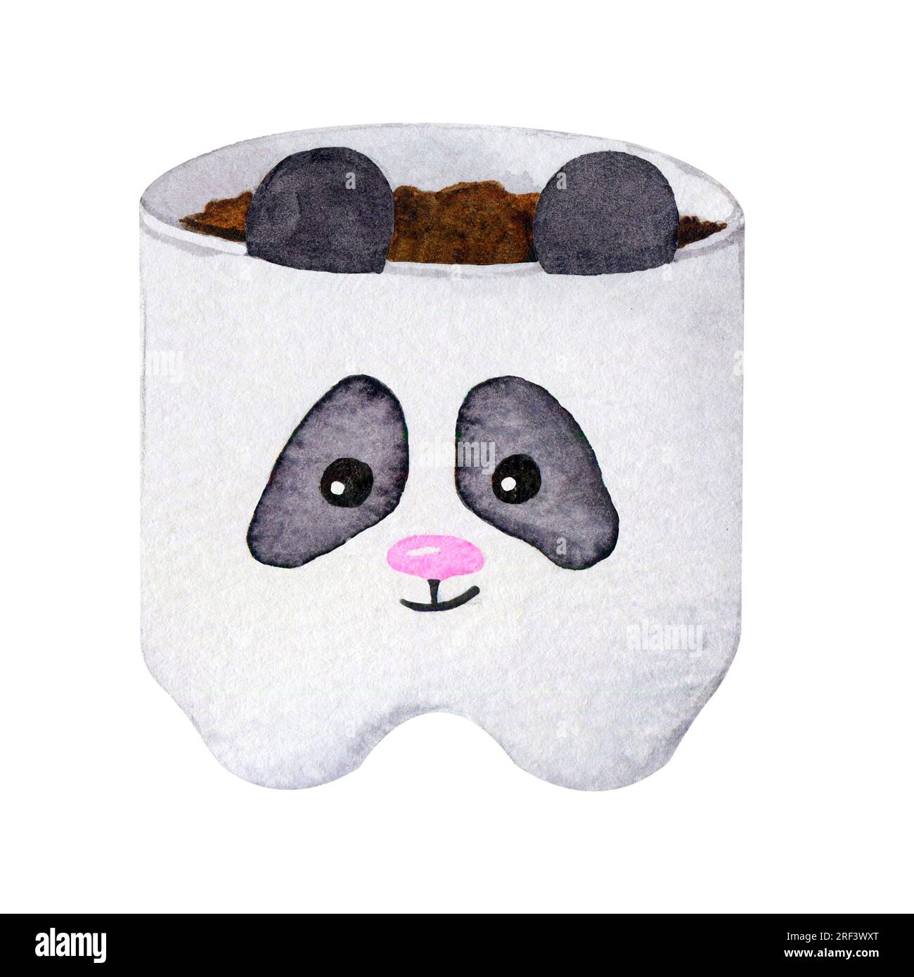 Un pot de fleur en céramique avec un visage de panda mignon. Scandinave, style Boho. Élément aquarelle pour la conception de cartes, logos, publicité et plus encore. Banque D'Images