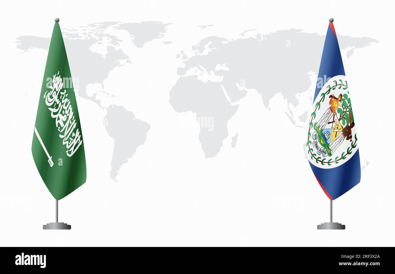 Drapeaux de l'Arabie saoudite et du Belize pour la réunion officielle sur fond de carte du monde. Illustration de Vecteur