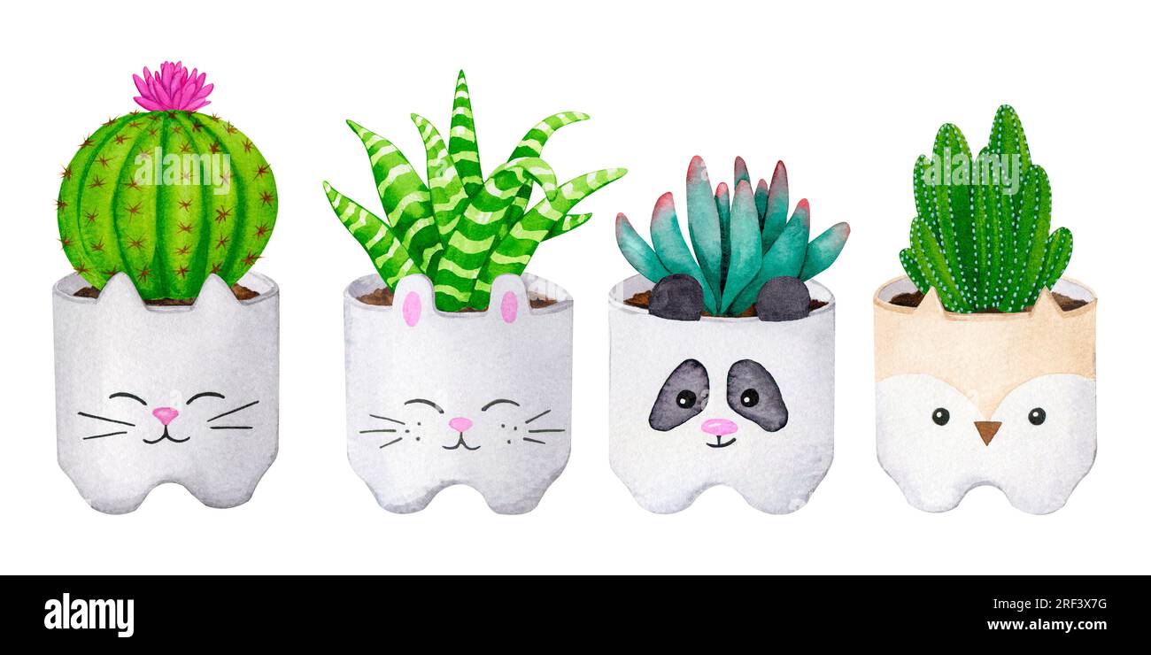 Un grand ensemble de cactus et succulentes dans des pots de fleurs. Scandinave, style Boho. Collection d'éléments d'aquarelle pour la conception de cartes, impression de tissus, stat Banque D'Images