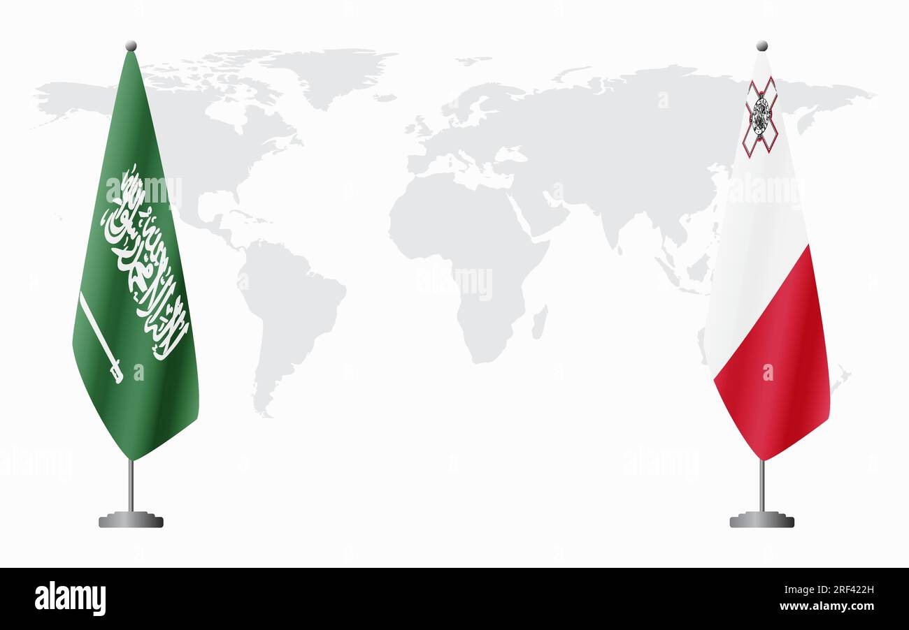 Drapeaux de l'Arabie saoudite et de Malte pour la réunion officielle sur fond de carte du monde. Illustration de Vecteur