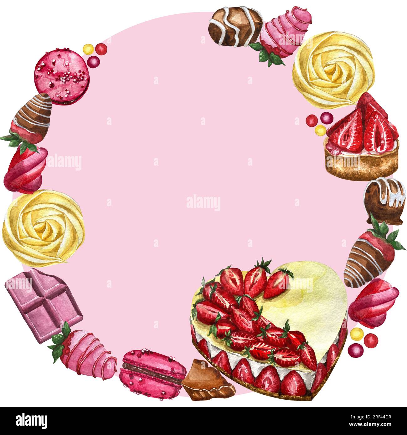Couronne dessinée à la main aquarelle avec des outils de cuisson et des ingrédients en rose. Cartes de modèle de cadre de cuisson et logo avec gâteaux, chocolat, macarons, mafshm Banque D'Images