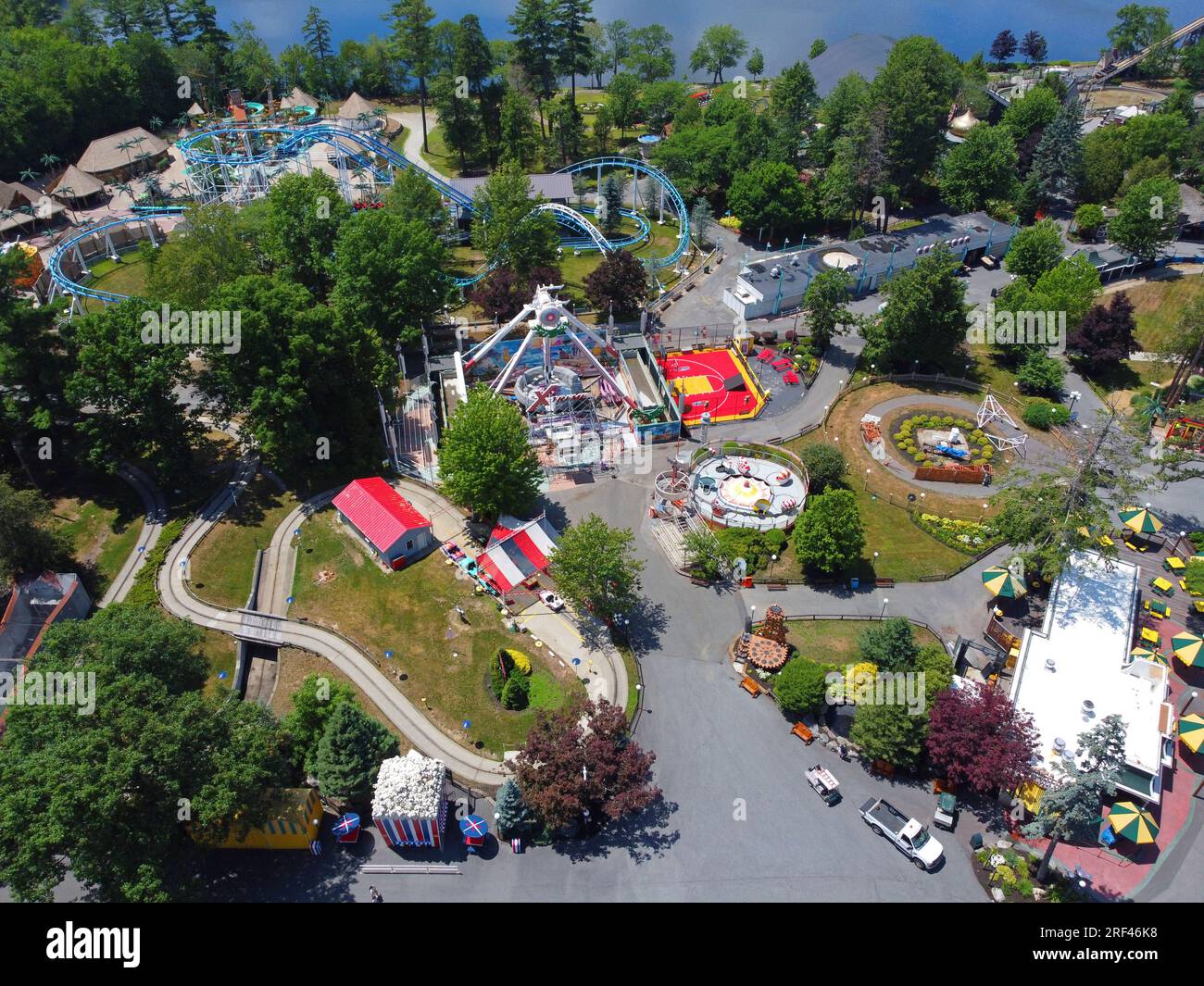 Vue aérienne du parc historique du lac Canobie par le lac Canobie dans la ville de Salem, New Hampshire NH, États-Unis. Banque D'Images