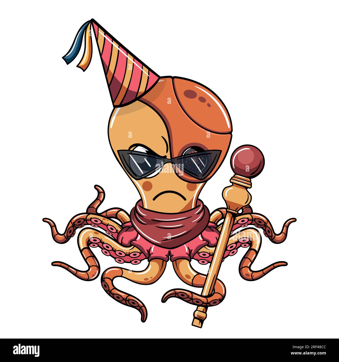 Personnage de poulpe cyborg de dessin animé célébrant avec le chapeau d'anniversaire et tenant un sceptre. Illustration pour la fantaisie, la science-fiction et la bande dessinée d'aventure Illustration de Vecteur