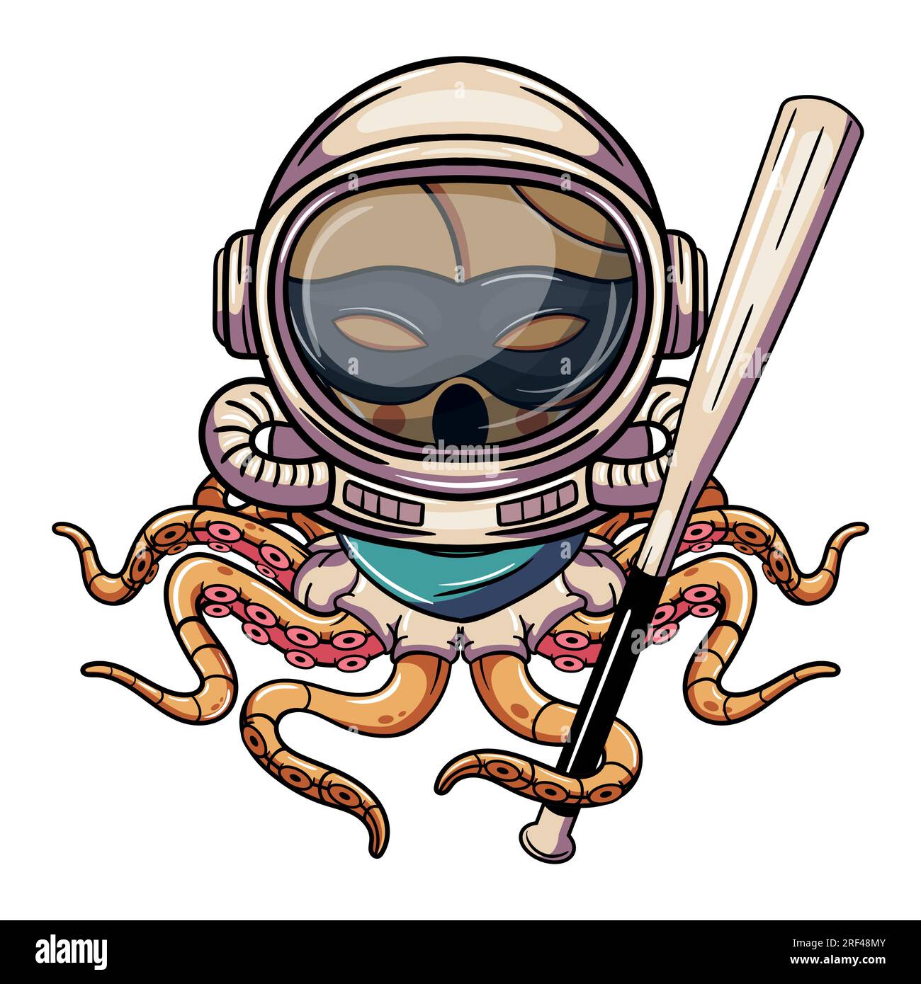 Personnage d'astronaute cyborg de dessin animé Octopus avec combinaison spatiale et une batte de baseball. Illustration pour la fantaisie, la science-fiction et la bande dessinée d'aventure Illustration de Vecteur