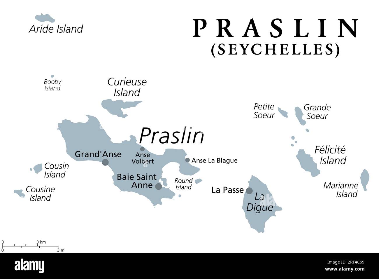 Praslin et les îles voisines, carte politique grise. Deuxième plus grande île des Seychelles, une République et un état archipélagique dans l'océan Indien. Banque D'Images
