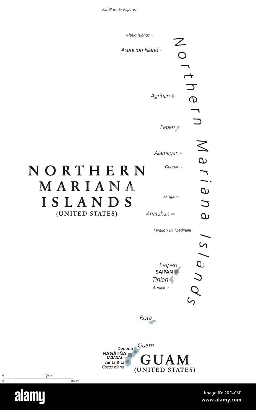 Guam et Îles Mariannes du Nord, carte politique grise. Deux territoires distincts non incorporés des États-Unis dans la sous-région de Micronésie. Banque D'Images