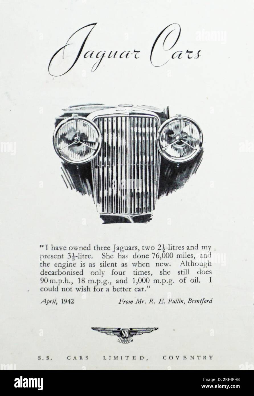 Une publicité de 1942 pour Jaguar Cars. La publicité a été insérée par S.S. Cars, Coventry, qui en 1945 a changé son nom en Jaguar Cars. La publicité présente un témoignage d'un M. Pullin, Brentford qui conduit une Jaguar car de 3 1/2 litres qui fait 90 mph, 18 mpg, et qui «ne pouvait pas souhaiter, pour une meilleure voiture» Banque D'Images