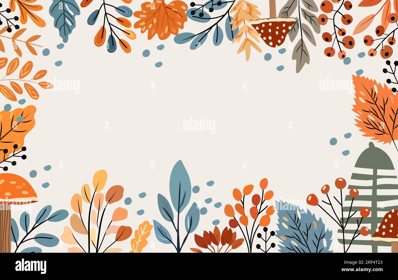 Bannière Boho avec des éléments automne, arbre coloré, feuilles d'automne, champignons et baies forestières. Parfait pour le web, festival de récolte, bannière, carte et Thanksgiving. Vecteur Illustration de Vecteur