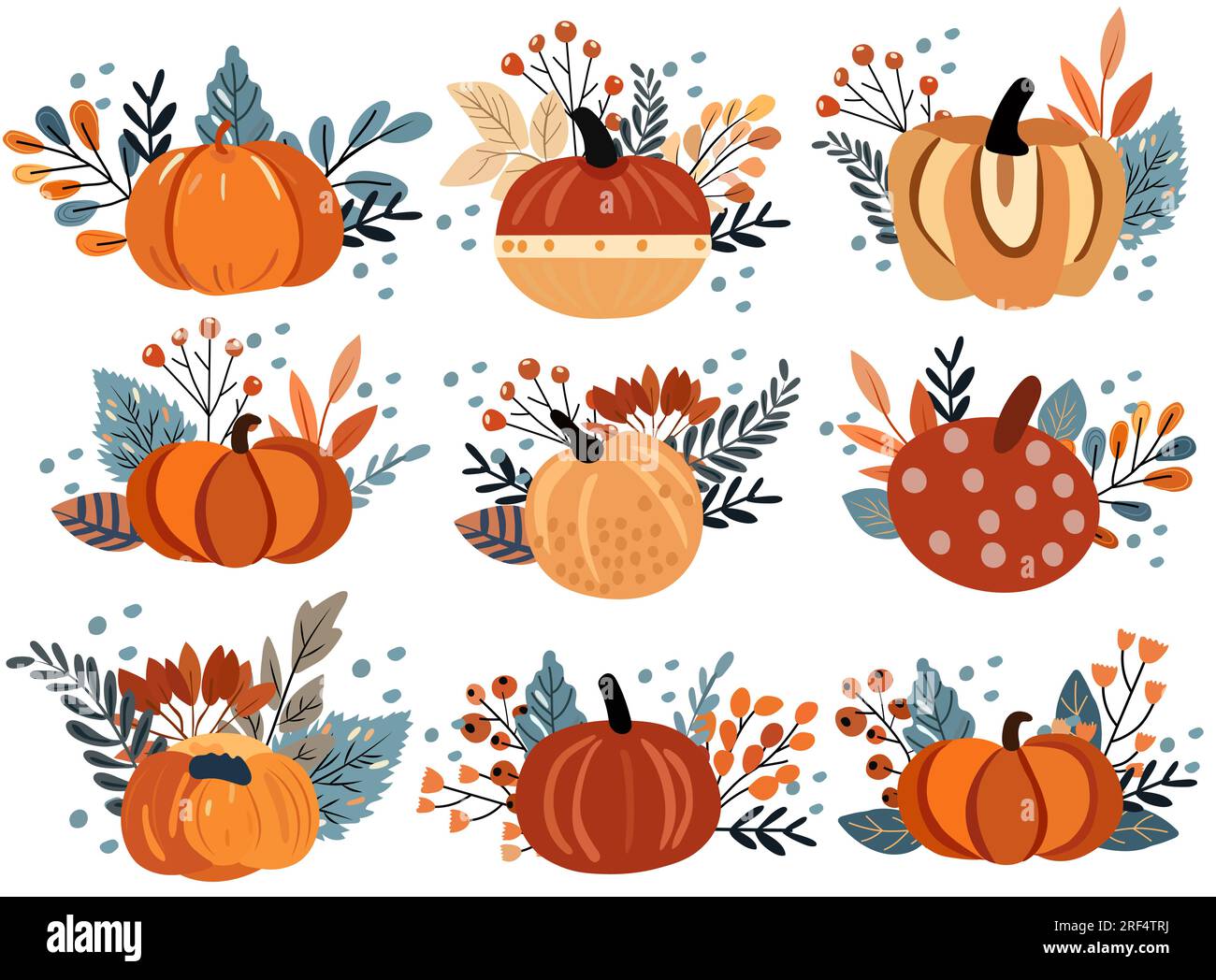 Collection d'automne avec composition de citrouille, feuillage multicolore, baies rouges. Idéal pour les sites Web, bannières, cartes de vœux, Thanksgiving. Illustration vectorielle Illustration de Vecteur