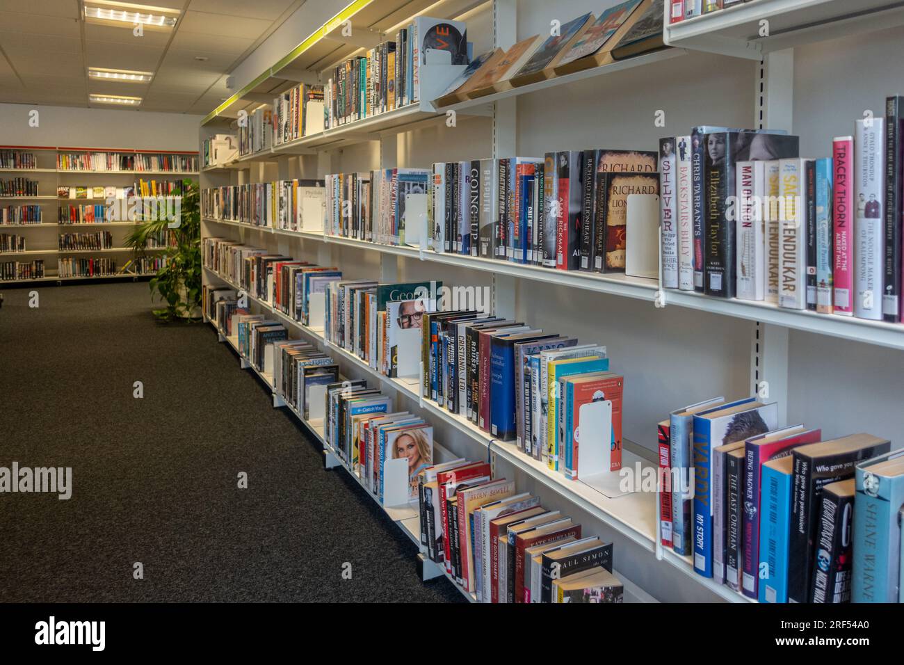 Intérieur de la bibliothèque locale de la ville de Farnborough avec des livres disponibles à emprunter sur des étagères, Hampshire, Angleterre, Royaume-Uni Banque D'Images