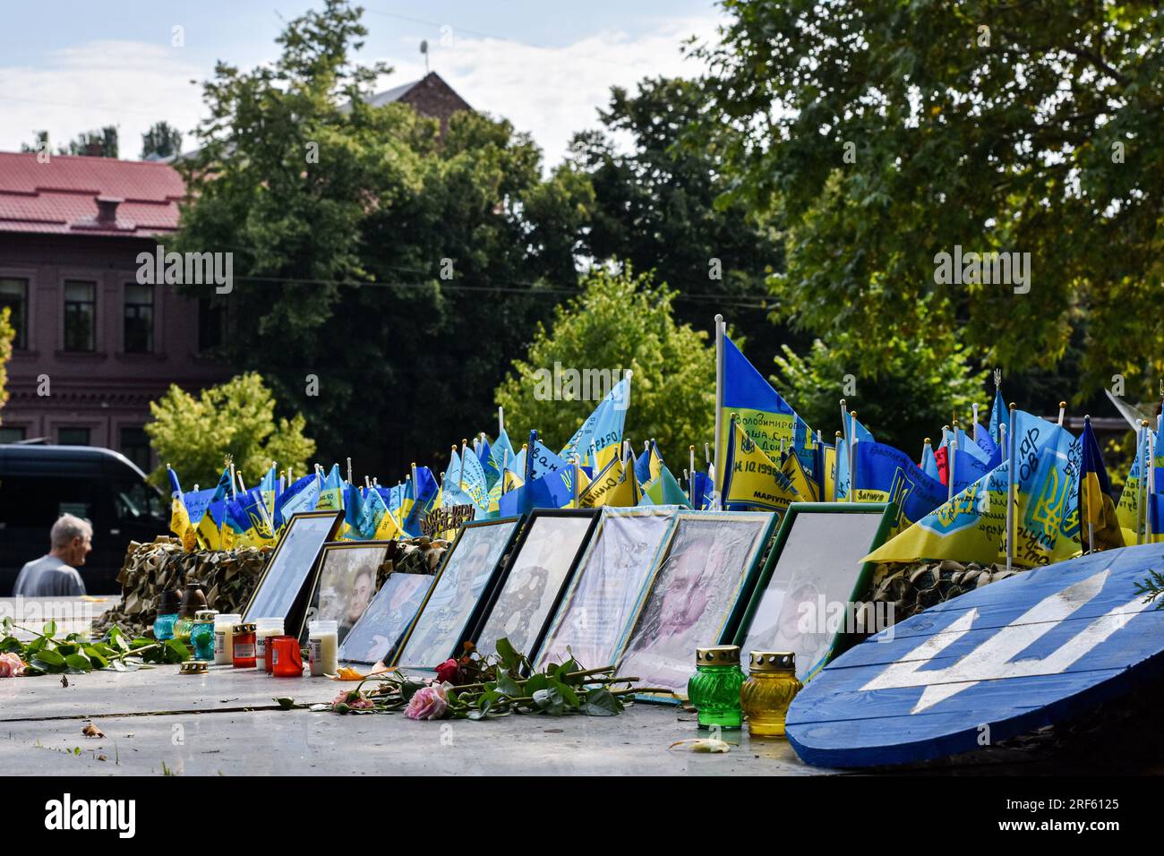 Zaporizhzhia, Ukraine. 31 juillet 2023. Des fleurs séchées sont vues à côté des portraits des soldats et des drapeaux ukrainiens dans un mémorial dédié aux soldats tombés au combat des forces armées ukrainiennes à Zaporizhjhia. Les forces ukrainiennes sont confrontées à des défis importants dans leur poussée vers le sud, avec des avancées modestes et des défenses russes féroces, ce qui rend trop tôt pour revendiquer un succès substantiel, mais les troupes sont très motivées. (Photo Andriy Andriyenko/SOPA Images/Sipa USA) crédit : SIPA USA/Alamy Live News Banque D'Images