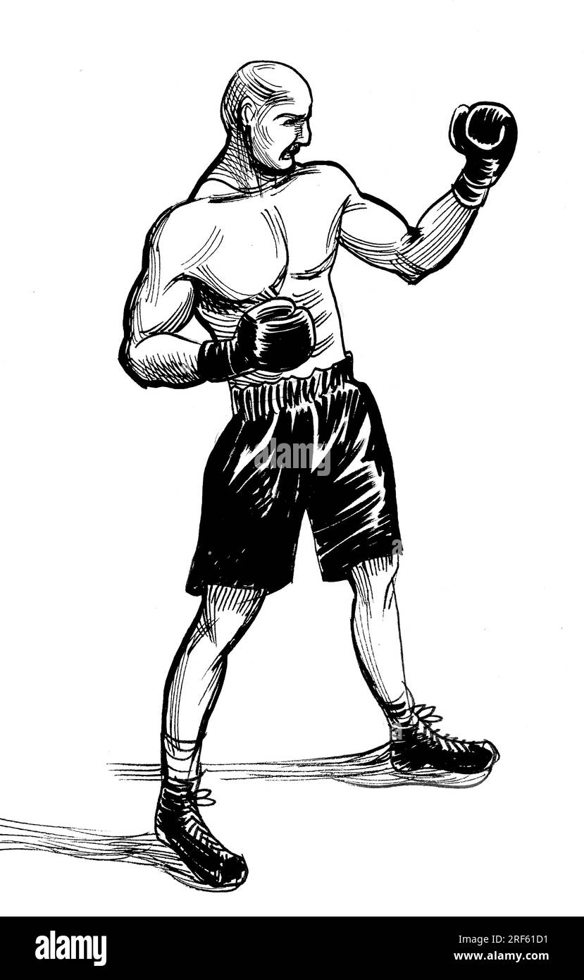 Athlète de boxe. Encre dessinée à la main sur papier croquis noir et blanc Banque D'Images