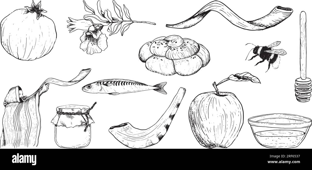 Rosh Hashanah illustration vectorielle set pour le nouvel an juif. Challah ronde, homme en calit avec shofar, grenades Illustration de Vecteur
