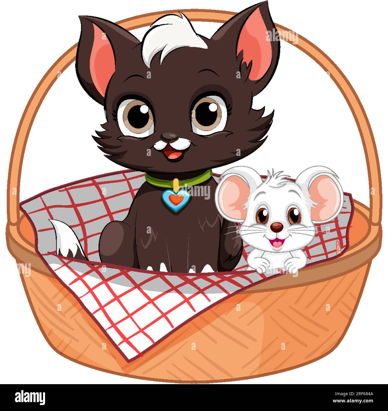Deux personnages de dessins animés, un chat et une souris, sont assis dans un panier ensemble Illustration de Vecteur
