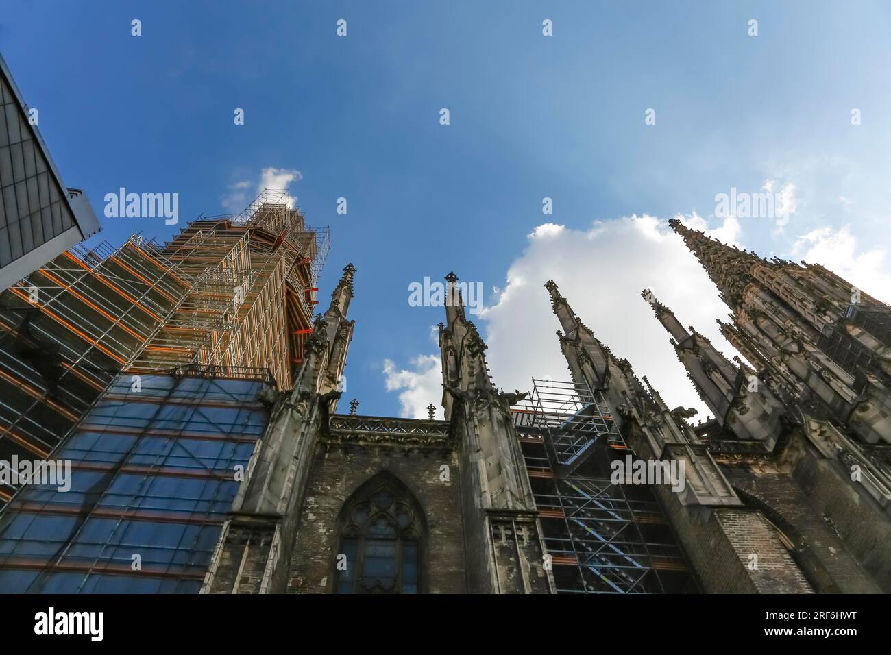 Cathédrale d'Ulm, côté nord, échafaudage gauche sur la tour de chœur nord, tour ouest droite, cathédrale notre-Dame à Ulm, style architectural gothique Banque D'Images