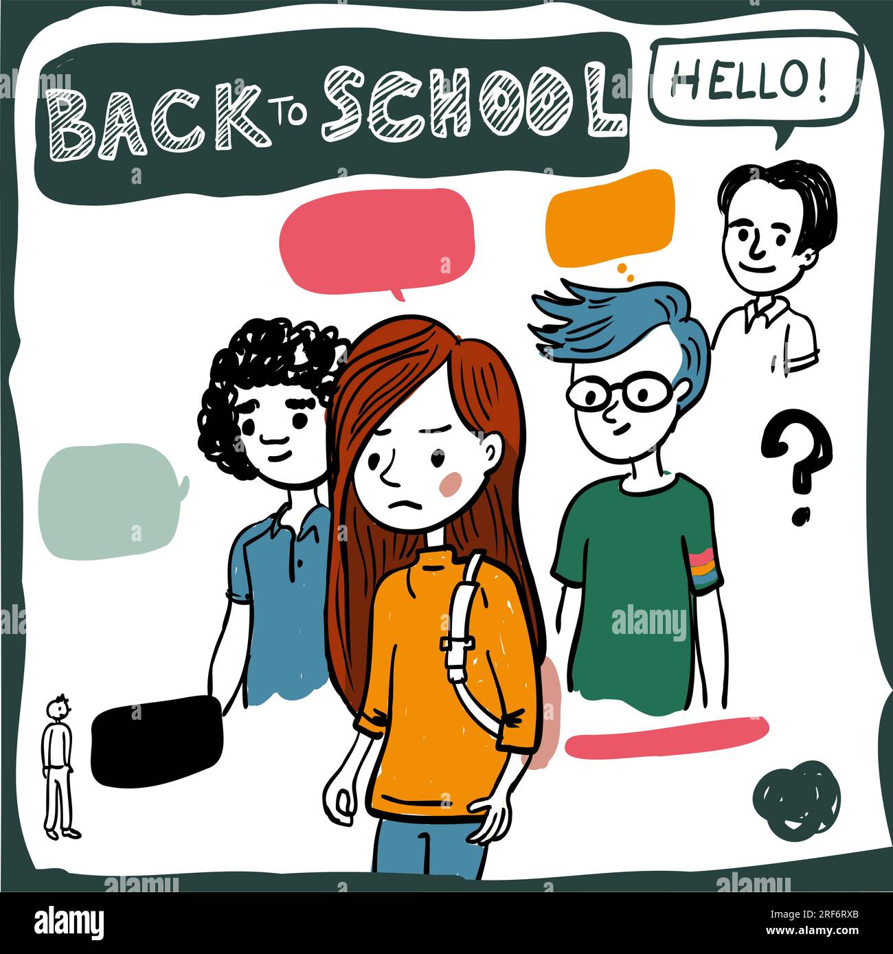 Trois adolescents divers revenant à l'école ou à l'université dans un style croquis dessiné à la main coloré. Illustration vectorielle avec fond blanc. Illustration de Vecteur