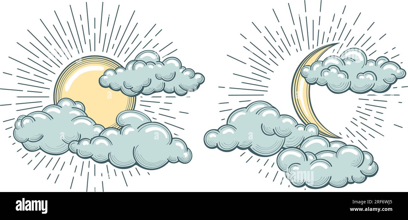 Symboles nuageux astrologiques de dessin animé vintage Illustration de Vecteur